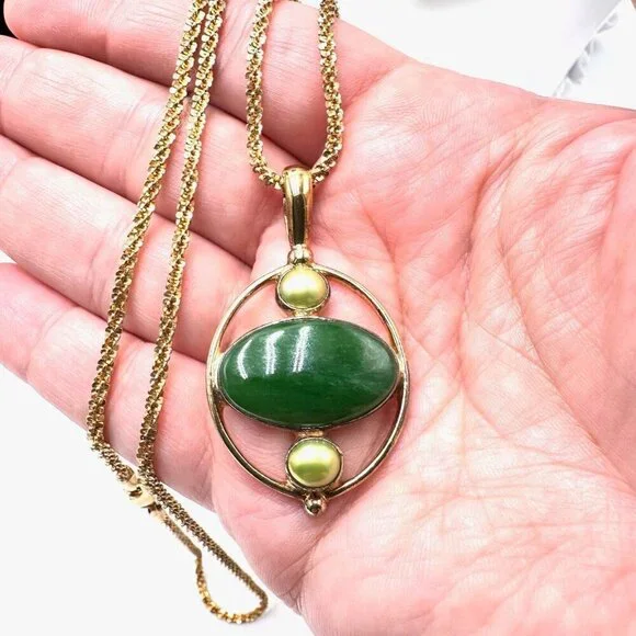 SAJEN Green Gemstone & Green Pearl Pendant Sterling Silver 22 In Chain Necklace - Picture 2 of 5